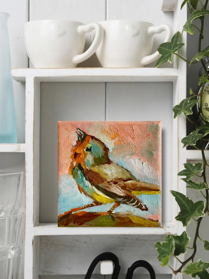 Robin Painting, Original Oil painting on Canvas, Tiny Bird art painting, Miniature Artwork