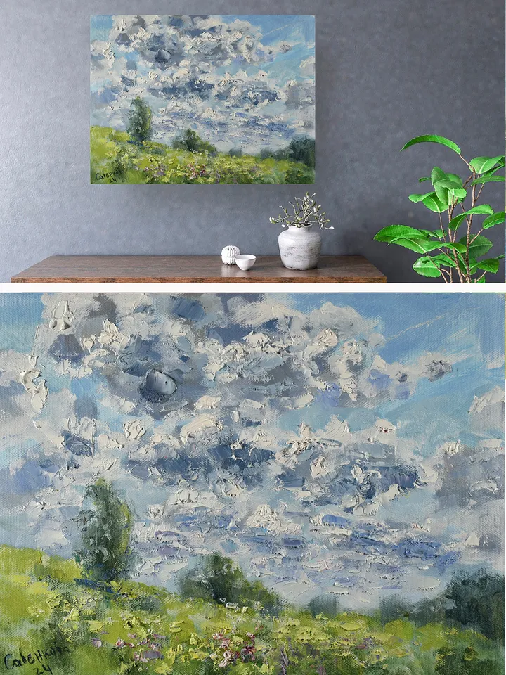 Clouds Painting Field Artwork Nature Landscape Original Art Impressionism
