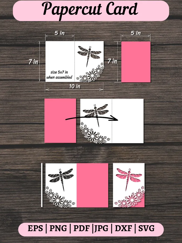 Luxury dragonfly and flowers Card Template for cutting on Cricut, Cameo, Laser cut. Cutout paper gate fold card.