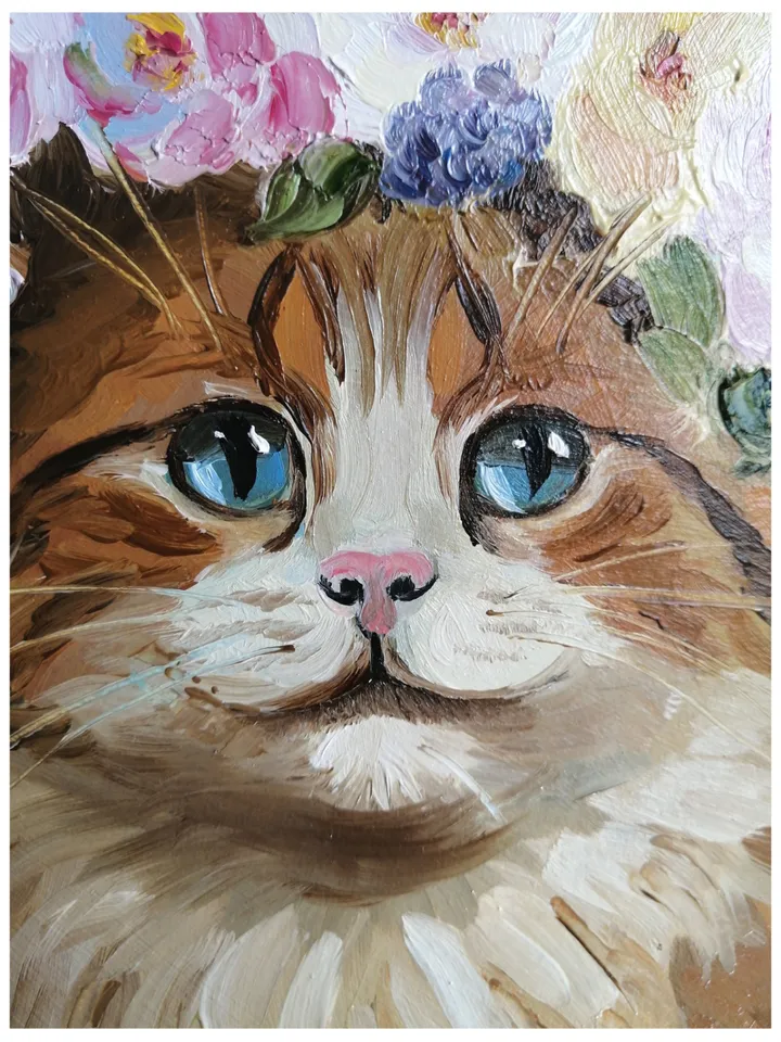 Cat Portrait Original Oil Painting Cat in Flowers Square Artwork