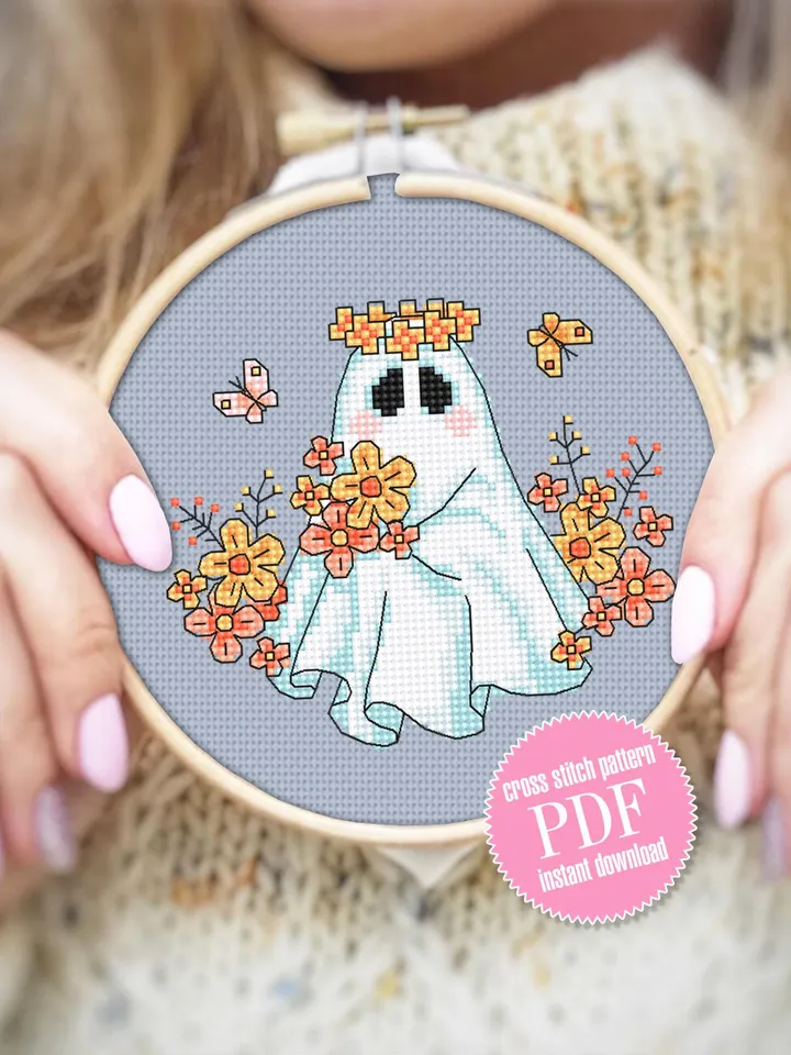 Floral ghost cross stitch pattern PDF download Cute Halloween cross stitch chart, Cute ghost with flowers pattern digital PDF #H86