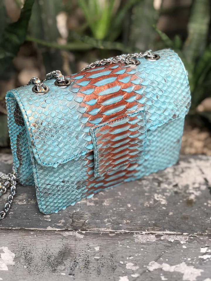 Small Shiny Genuine Python Skin Crossbody Bag | Designer Leather Bag | Evening Chain bag | Exotic Leather Bag | Woman Evening Bag Light Blue