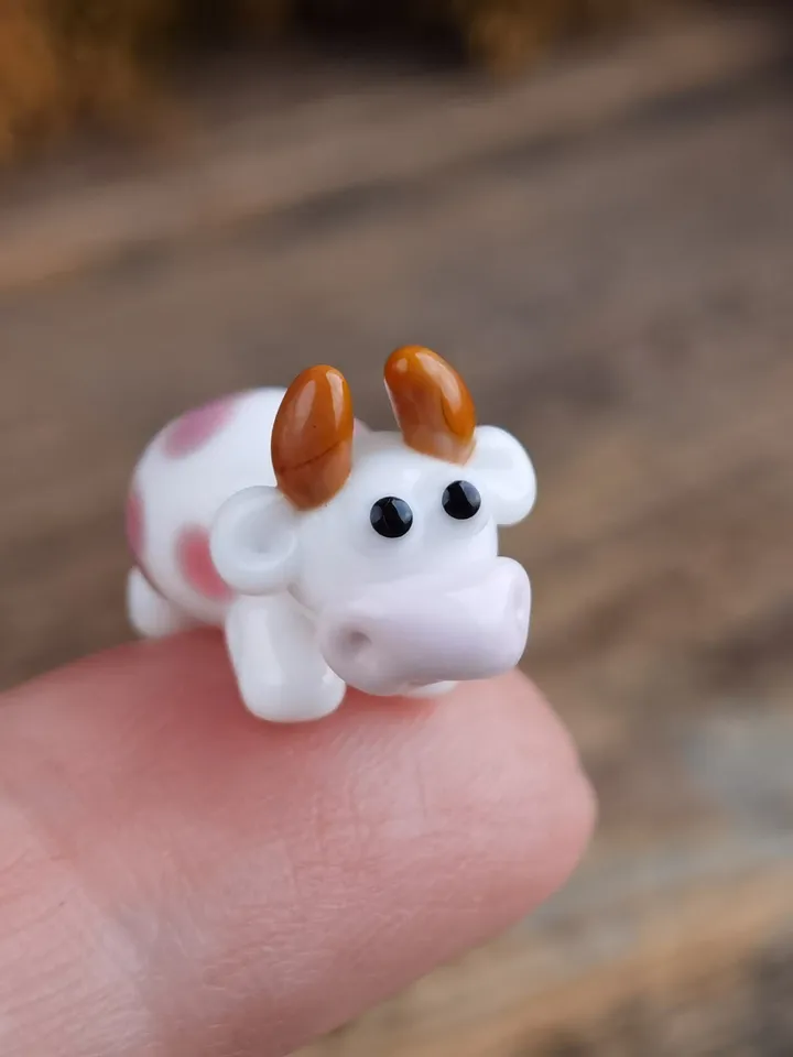 GLASS FIGURINES Cow figurine Glass cow Miniature cow tiny cow Tiny glass animals Farm animals Strawberry Dollhouse miniature Blown