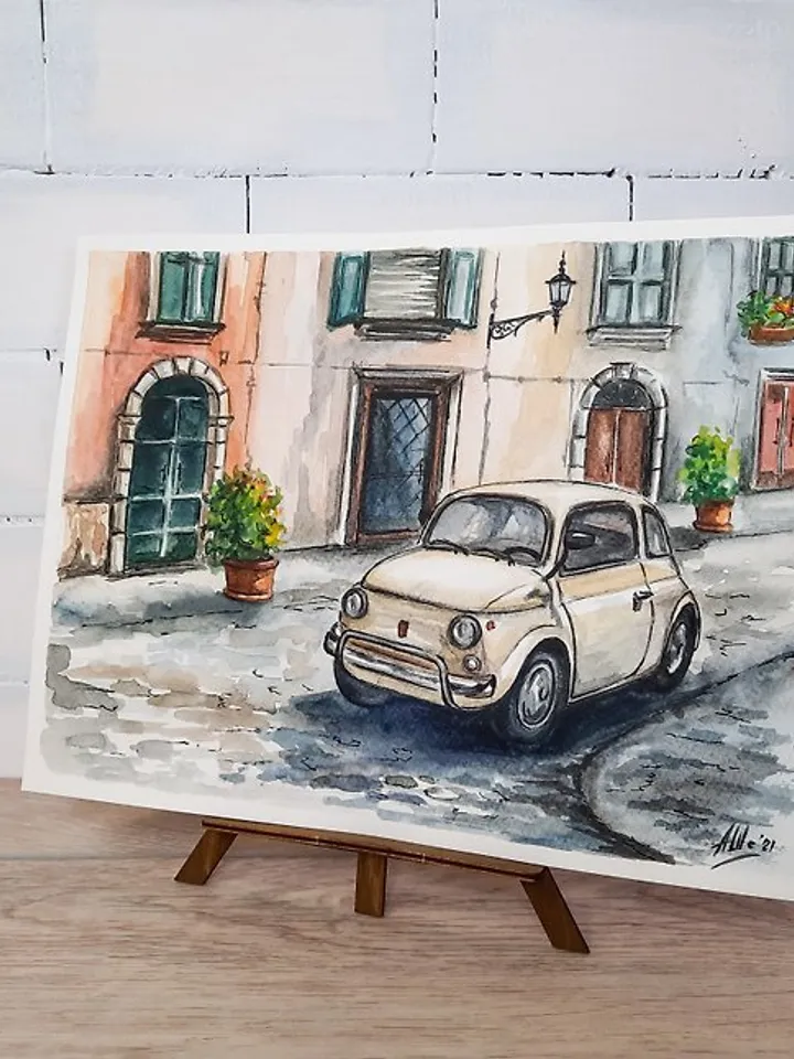 Watercolor painting Car painting Landscape Italy Cityscape Original painting