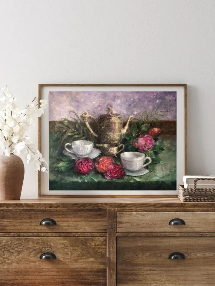 Still life Painting Original Oil Floral Still life Teacup Painting Breakfast Painting