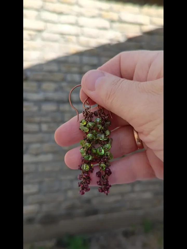 Copper Earrings with Peridot and Garnet — Summer Berry Cluster