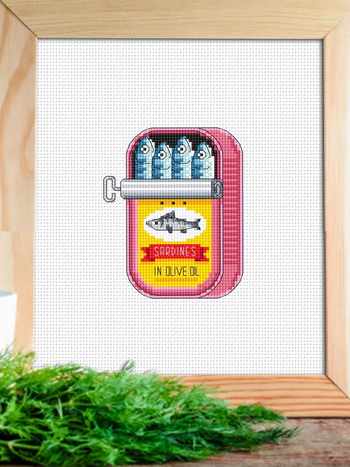 Sardines can cross stitch pattern PDF download Vintage tinned sardines cross stitch chart, Fish pattern digital, Funny kitchen decor #F27