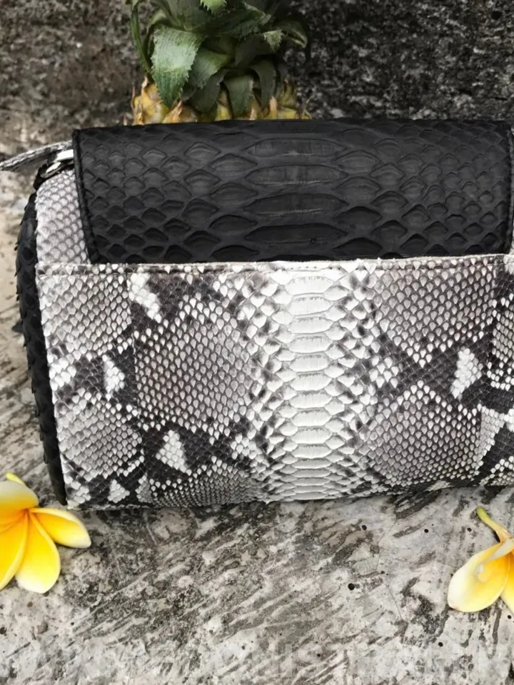 Small Black And Gray Chain Crossbody Bag | Classy Women Purse | Exotic Leather Bags | Handmade Snake Small Tassel Bag | Snakeskin clutch
