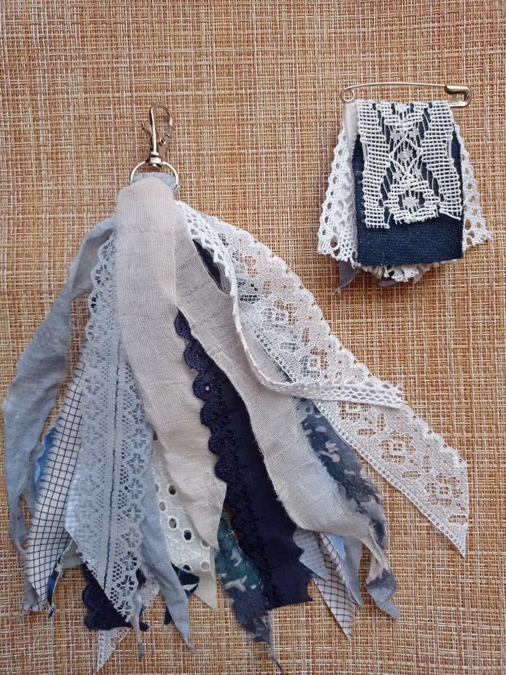 Blue brooch and keychain made of ribbons and boho fabric set