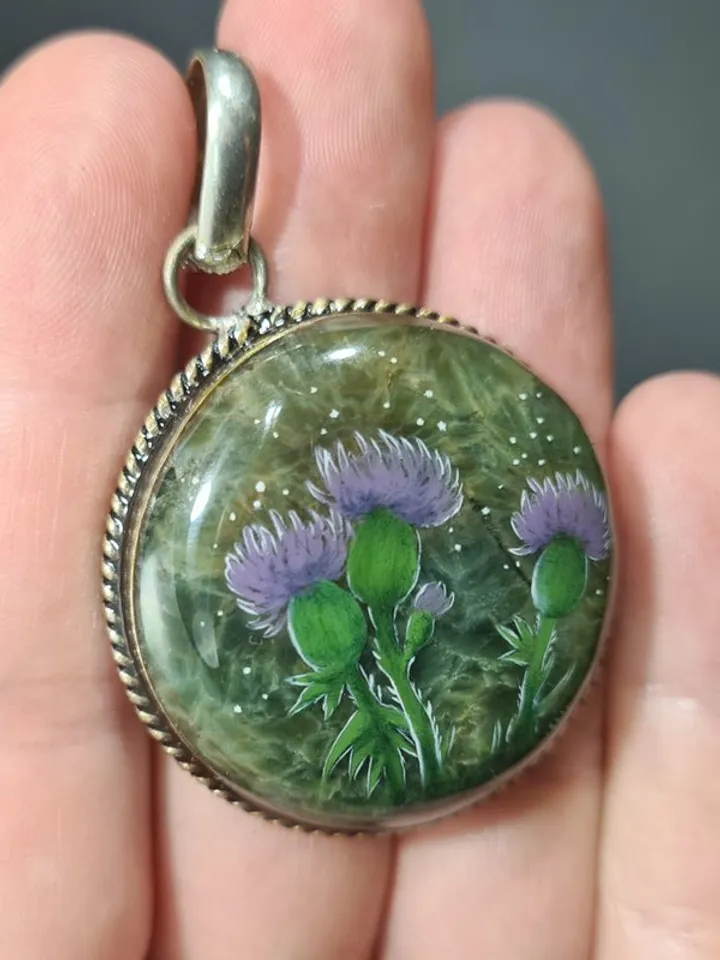 Thistle pendant Oil painting on moss agate. A flower on miniature Stone painting