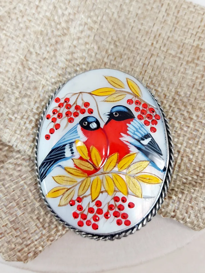 Russian jewelry brooch: Bullfinches couple. Hand painted miniature. Russian fine art style Fedoskino on abalone shell. Gift art pin for her