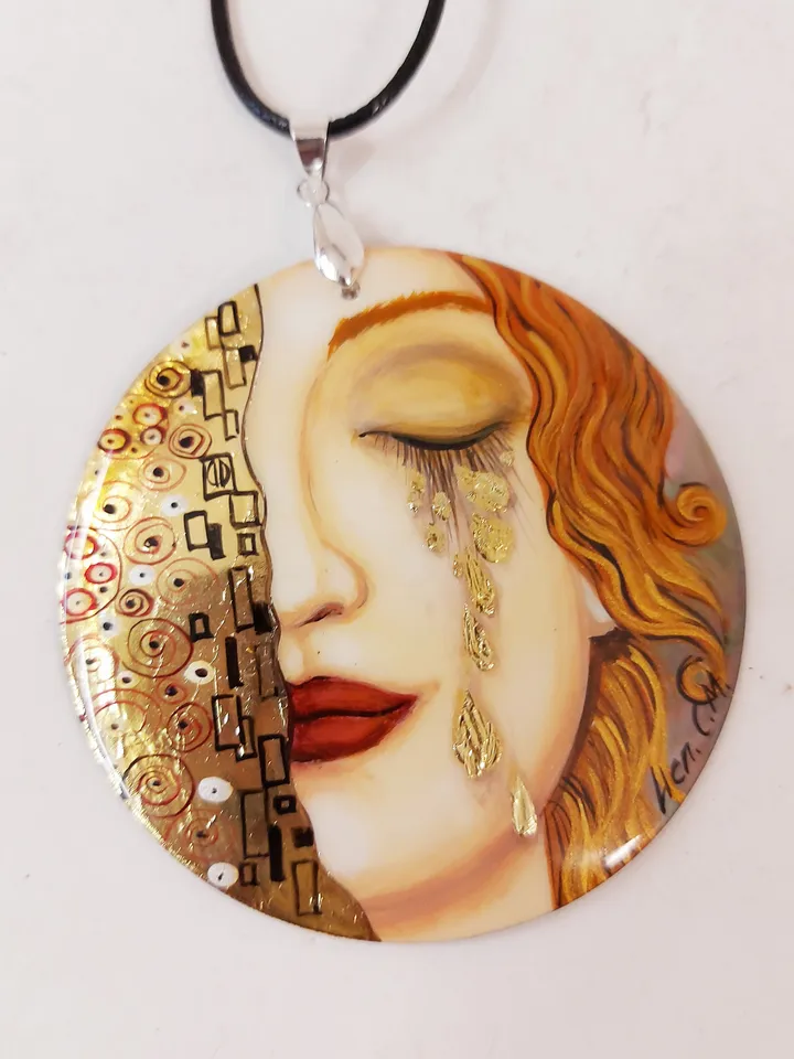 Golden Tears: Hand-Painted Nacre Pendant Inspired by Gustav Klimt's Artistic Beauty - Symbol of Acceptance and Kindness in Iconic Style
