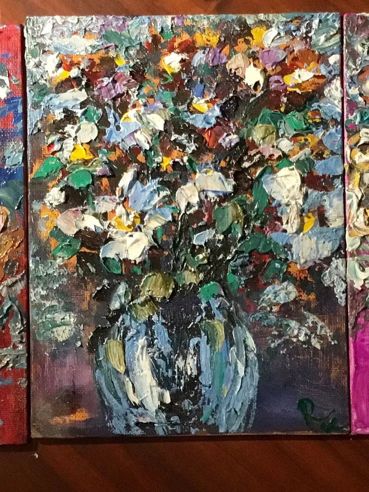 Triptych- original oil painting on canvas boards,flowers in a vase impasto style textured paintings, unique handmade gifts, home decoration.