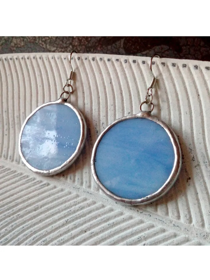 Stained glass blue earrings, stainglass cute earrings, Dangle earrings, Geometric earrings, Round stained glass