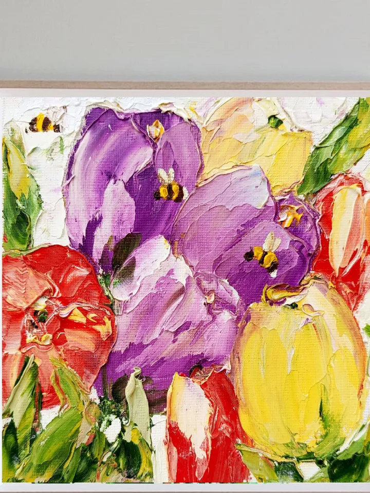 Tulip Painting Honeybee Original Art Floral Impasto Art Spring Gifts for Her Impasto Oil Painting by ArtProkopaloSv