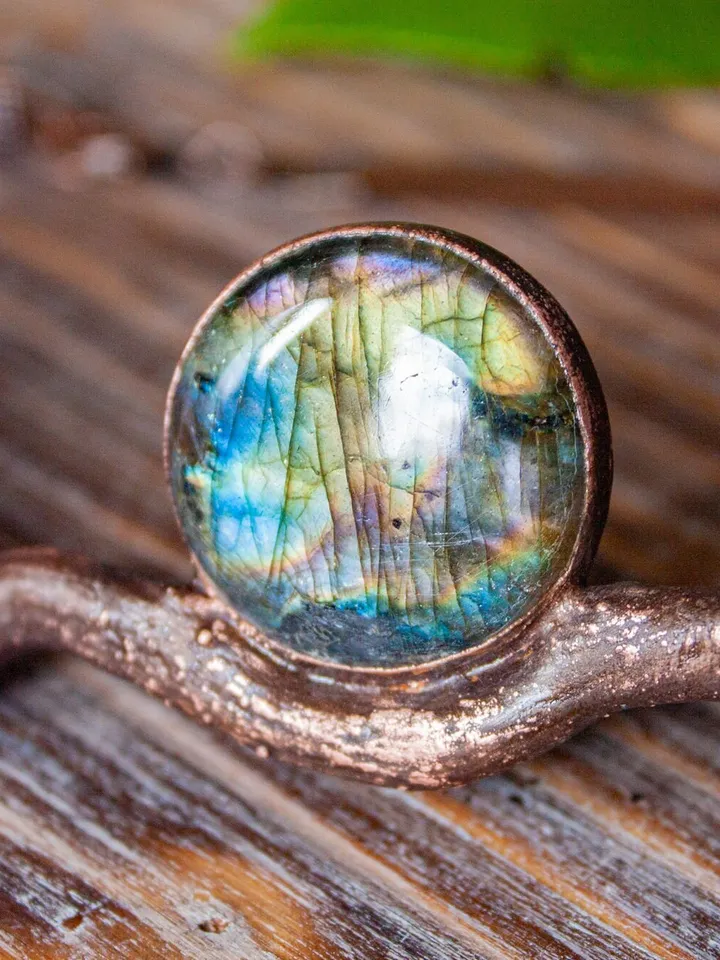 Copper pendant - choker made from natural stick using electroforming with natural labradorite stone