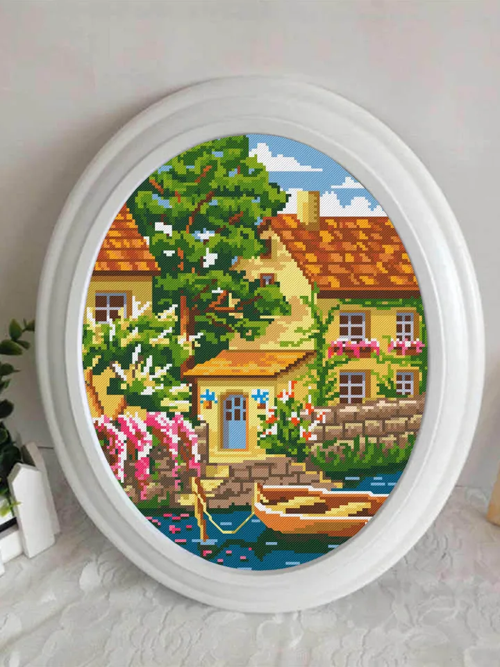 Summer home cross stitch pattern download PDF Village house cross stitch chart Nature landscape river cross stitch Home sweet home #L10