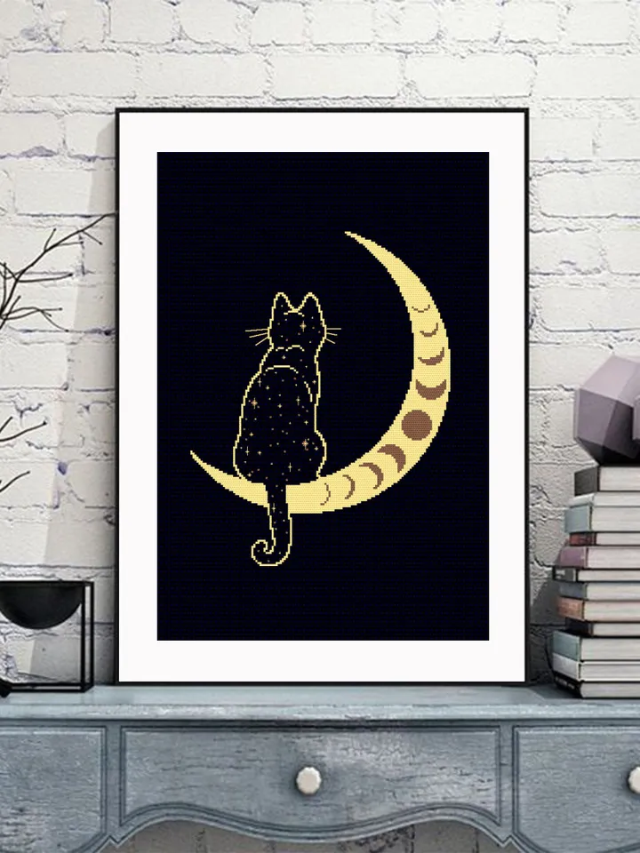 Mystical moon phase and cat cross stitch pattern download PDF Magic crescent moon cross stitch, Galaxy cat silhouette Boho cross stitch #K56