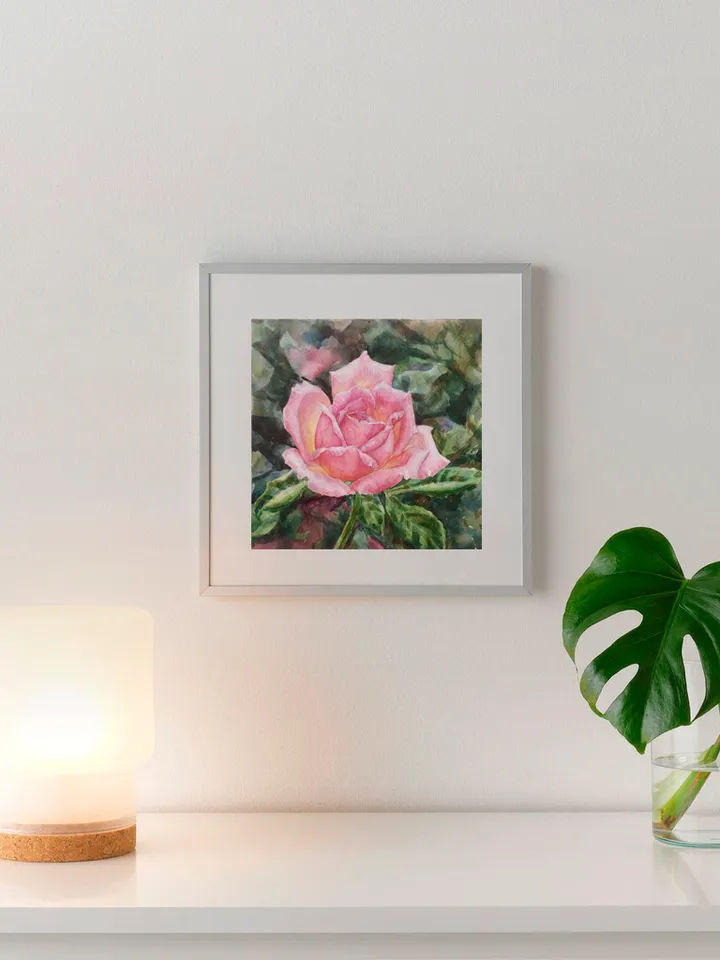 "Pink Rose" Flower Original Wall Art Painting Watercolor Artwork, 17x17cm.
