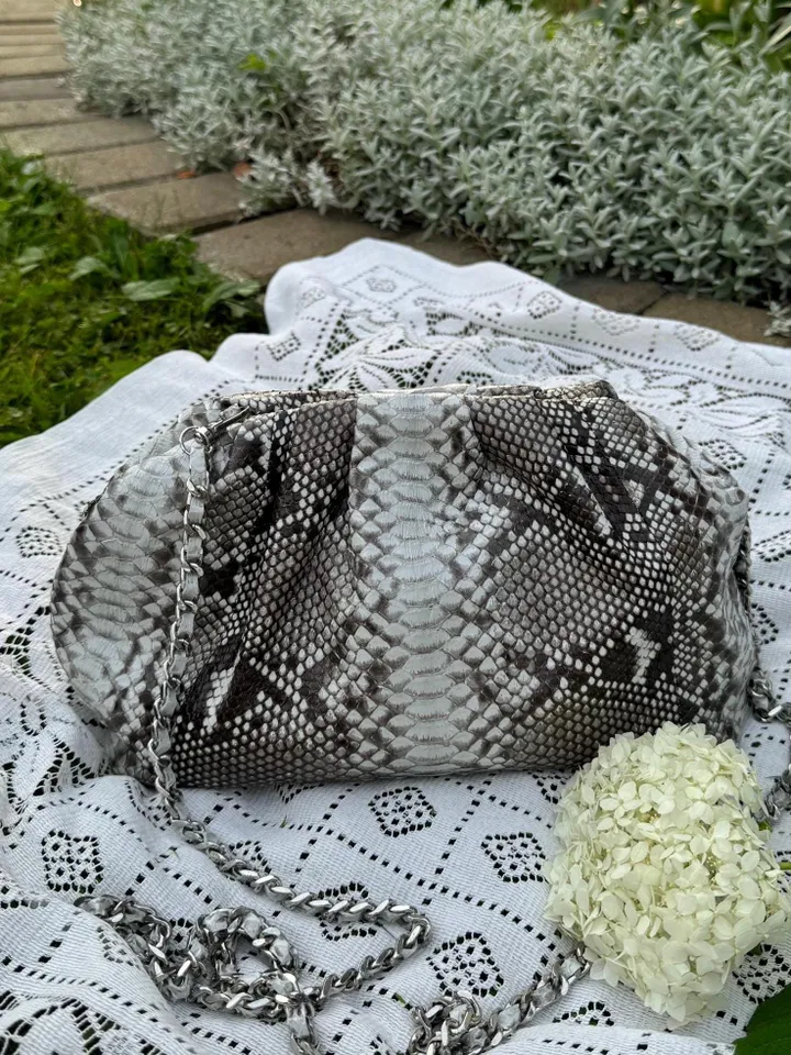 Genuine python skin grey uncoloured pouch bag | exotic leather bags | small size soft clutch | snake designer bag | gift for her | purses