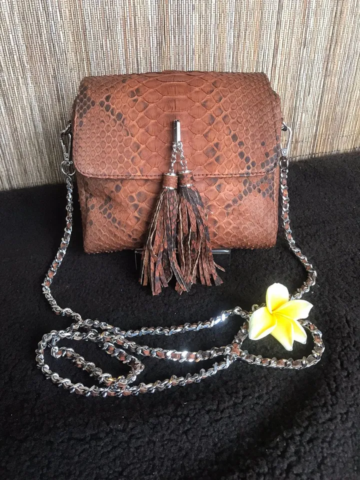 Genuine Python Skin Crossbody Bag | Chain Tassel brown bag | Leather Woman Free Shipping Handmade Summer purse | exotic leather bag