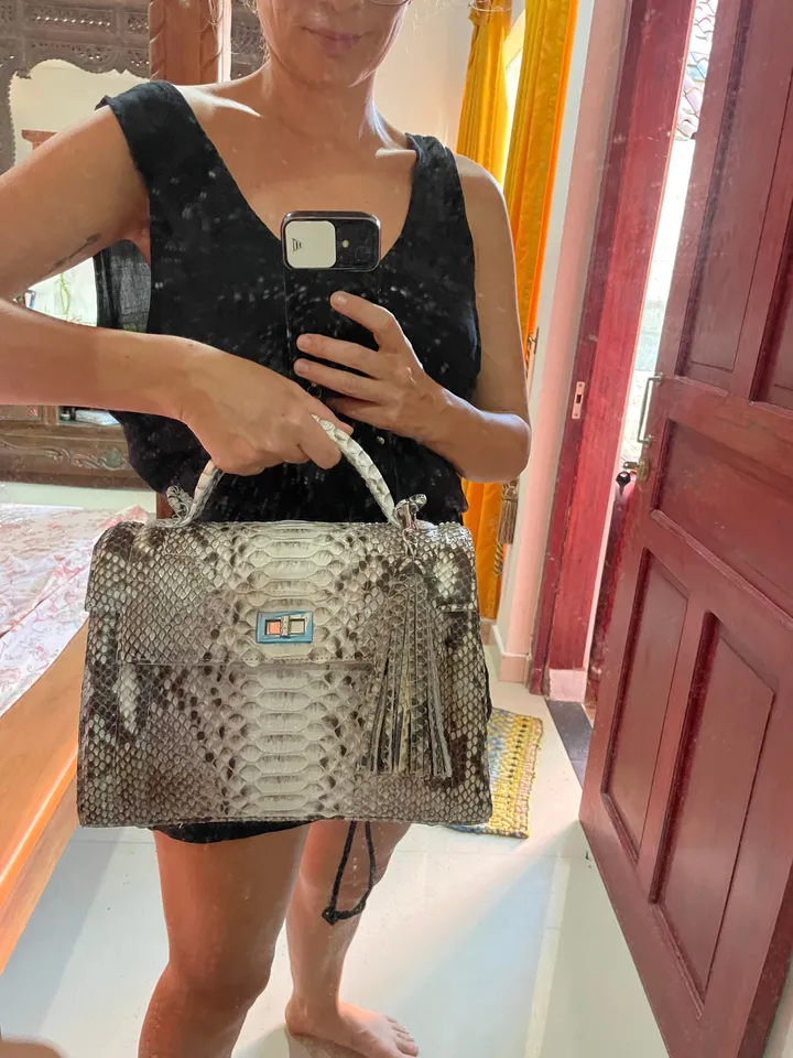Top handle grey classy genuine python skin stitched bag | exotic leather bags | Elegant women purse | snake skin bag | designer leather bag