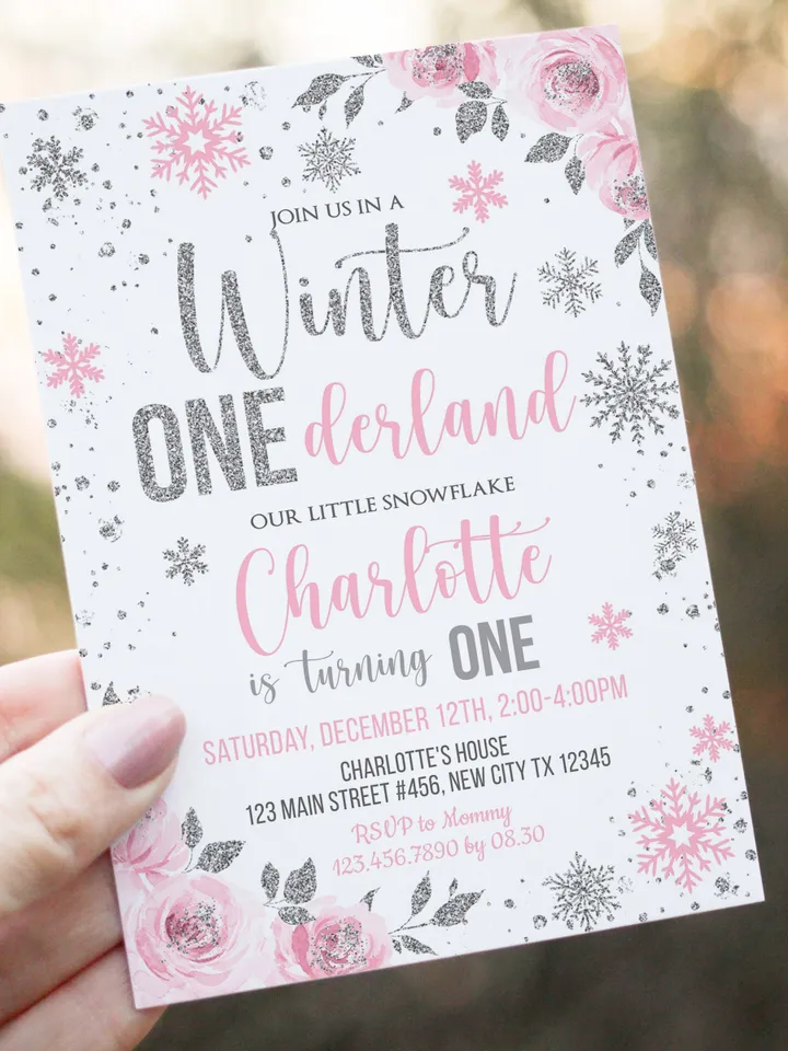 Winter Onederland Invitation Girl 1st Birthday Invitation, Winter Wonderland Birthday Invitation Floral First Birthday Silver Pink Snowflake