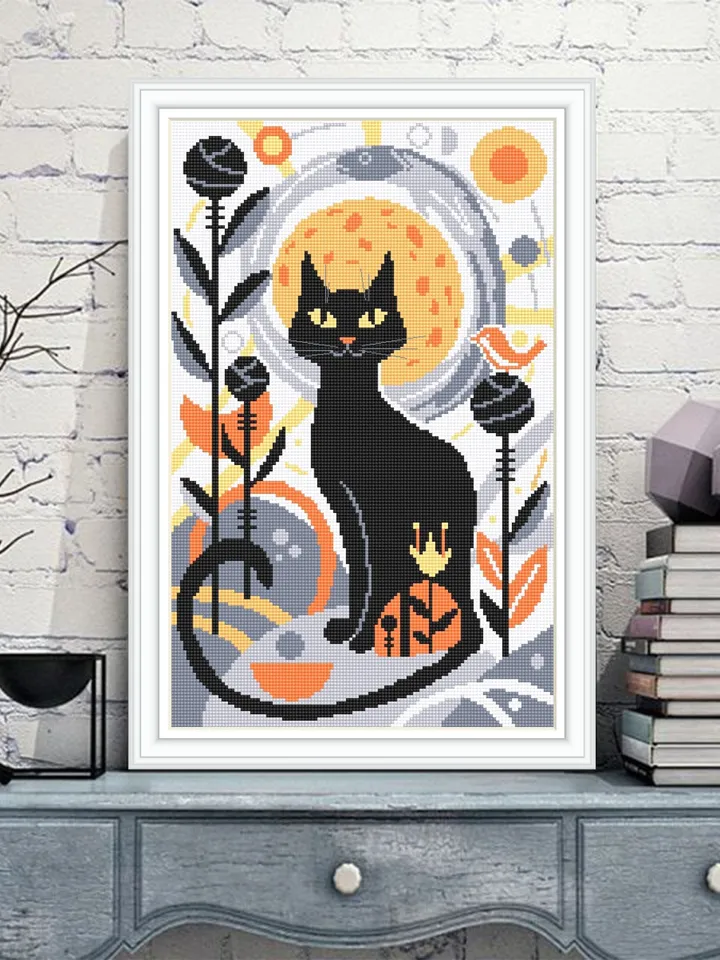 Boho cat cross stitch pattern PDF download Boho cross stitch chart, Abstract pattern digital PDF, Black cat embroidery, Boho wall decor #K21