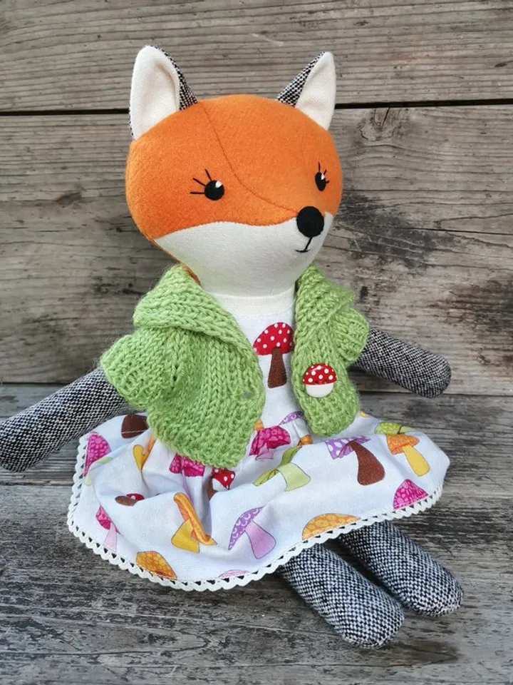 Orange fox girl, wool plush doll, handmade fabric fox toy
