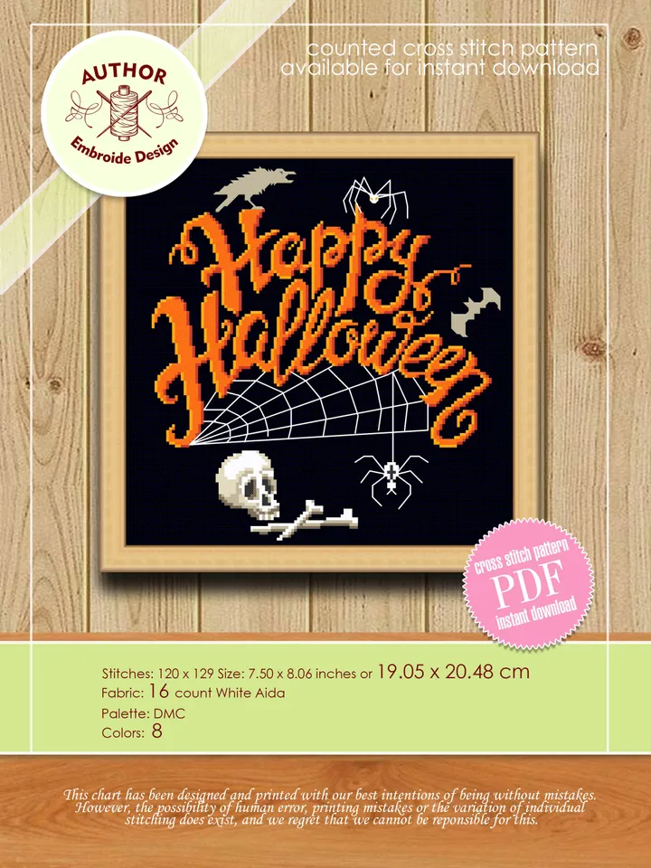 Happy Halloween cross stitch pattern download PDF Halloween skull cross stitch Spooky xstitch chart Halloween quotes Magic embroidery #H10