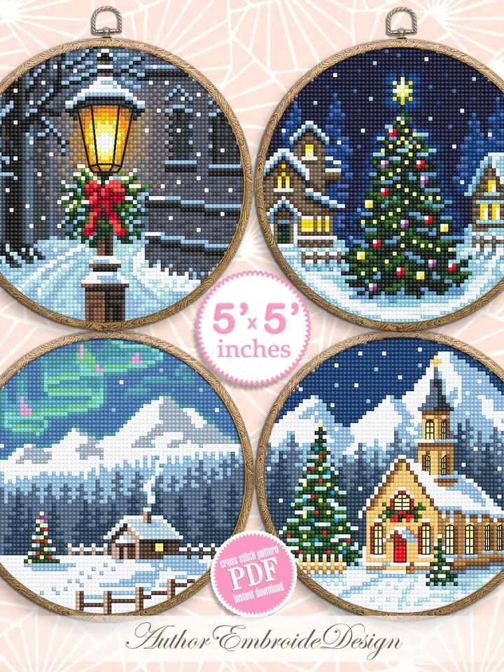 Christmas houses cross stitch pattern PDF download Winter landscape cross stitch chart, Christmas pattern digital PDF, Northern lights #N181