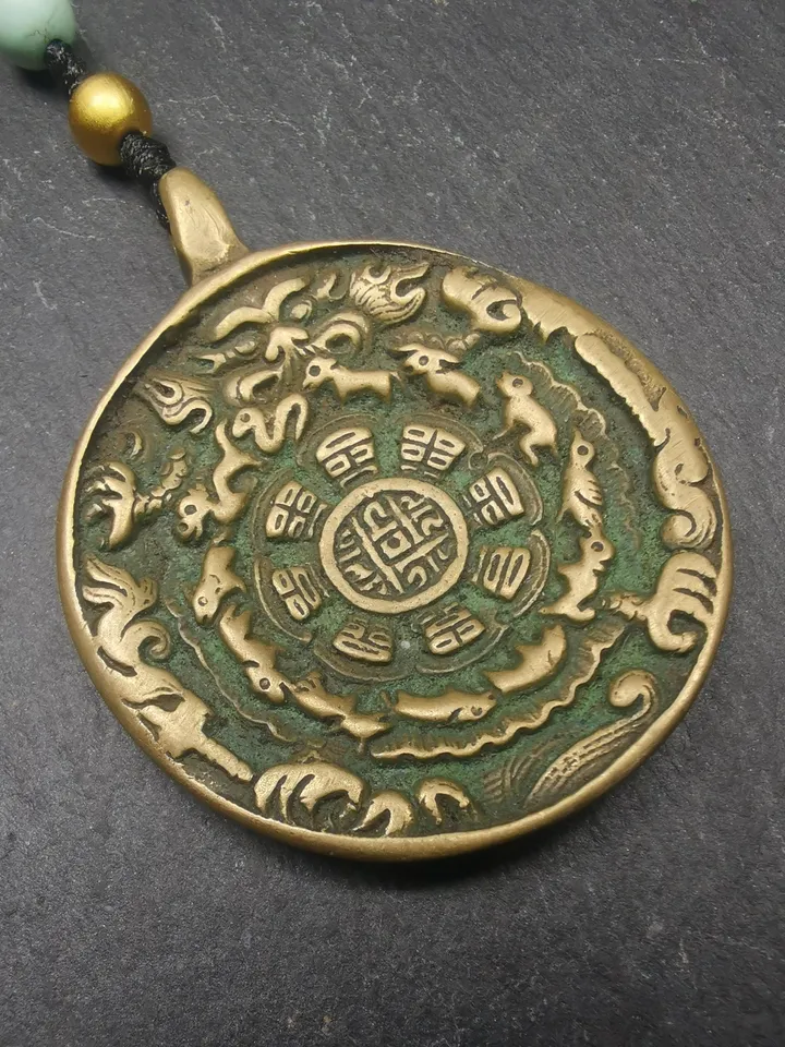 Gandhanra Vintage Tibetan Buddhist Calendar Amulet Sipaho Badge - Lima Brass Melong Mirror Protective Charm Feng Shui Pendant,41mm