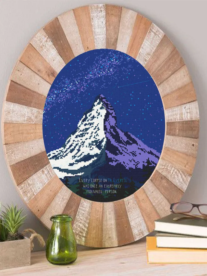 Modern cross stitch pattern download PDF Mountain landscape cross stitch Mount Everest beginner stitch Starry night sky Nature xstitch #L31
