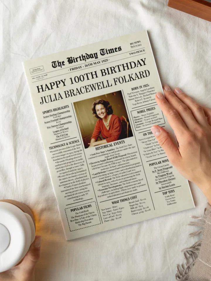 100th Birthday Newspaper Poster with Ireland Highlights, 100th Birthday Ideas, 1925 birthday Irish Sign, Born in 1925 Gifts & Decor