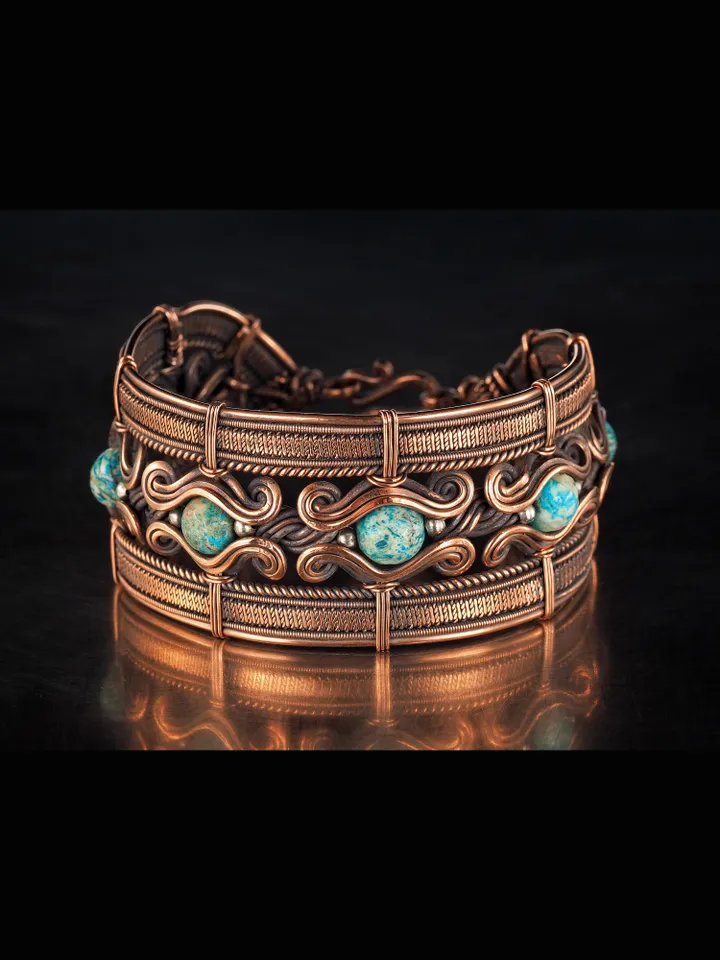 Copper wire wrapped bracelet with chrysocolla for lady Antique style WireWrapArt