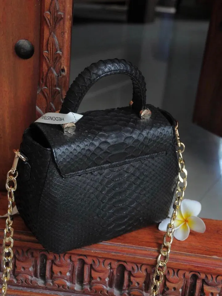 Genuine python top handle bag / designer bag / exotic leather bag / black purse exotic leather / snake print designer classy purse