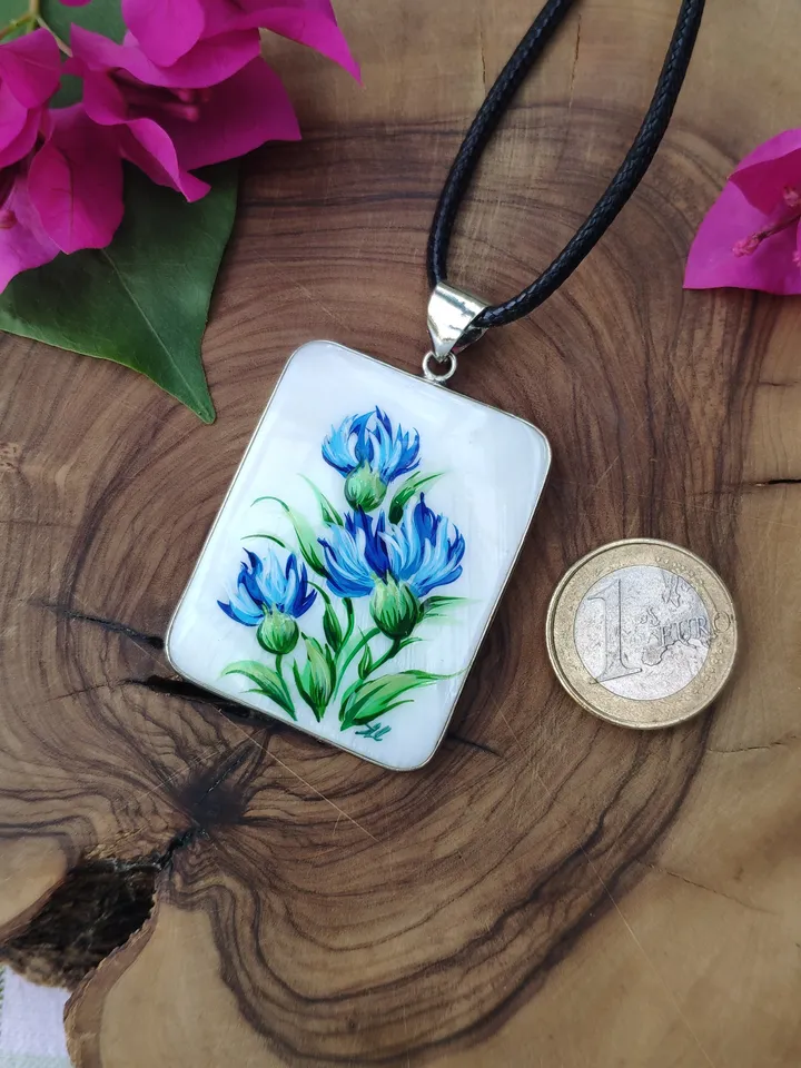 Pearl pendant necklace: Bright blue cornflowers on handmade lacquer necklace • trendy jewelry for blue summer dress • hand painted blossom