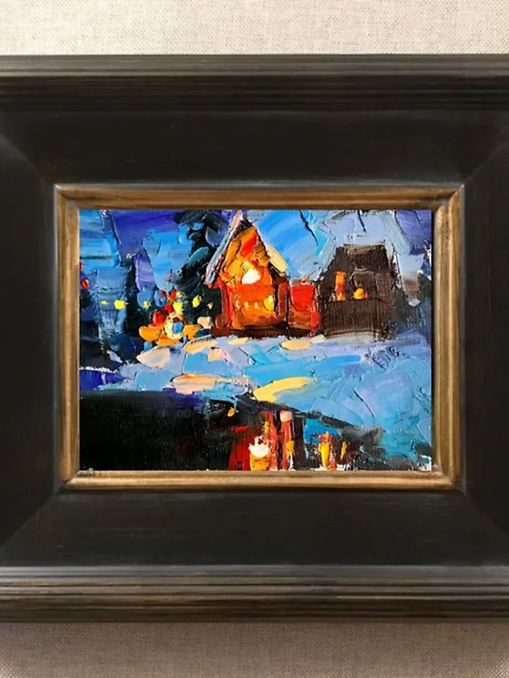 House Painting Original Art forest art Night Landscape Winter