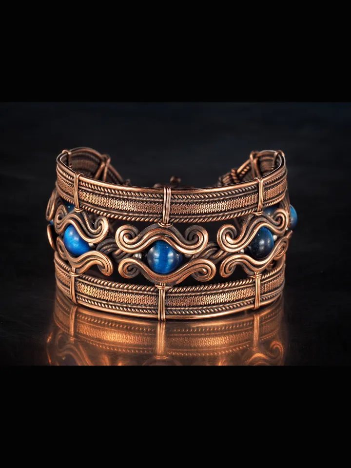Copper wire bracelet with natural falcon eye, 7th Wedding Anniversary gift
