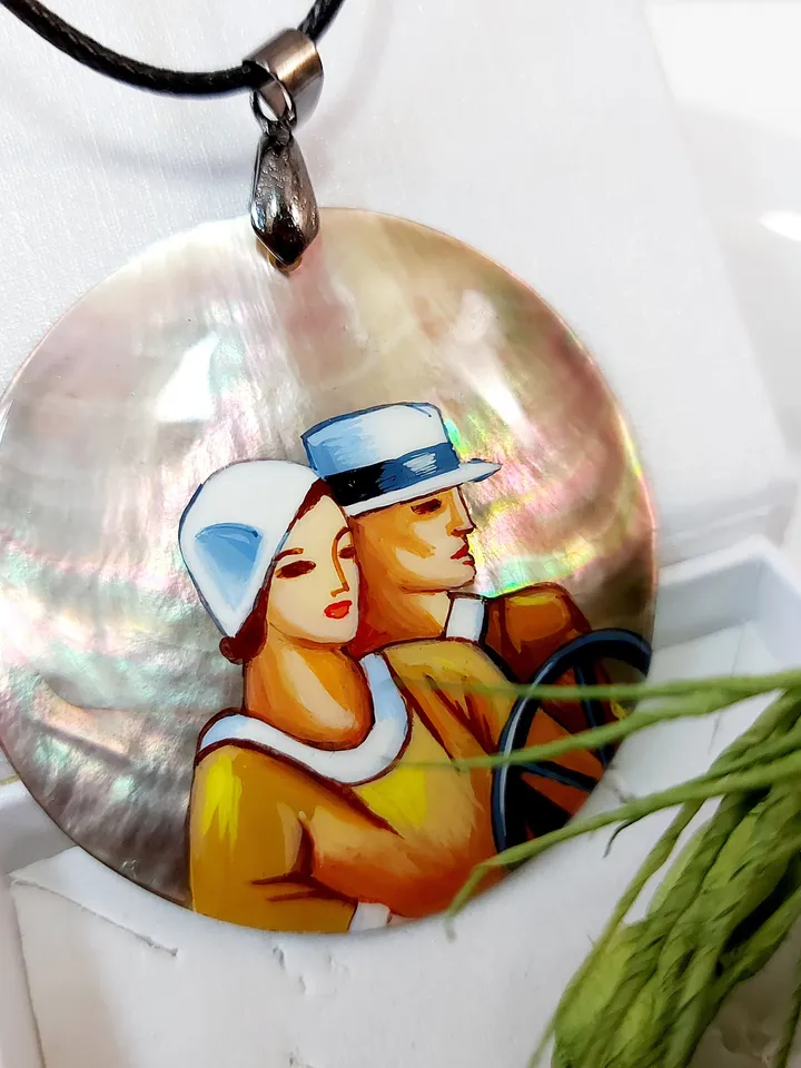 Russian Beautiful Pendant "Travelers" Mother-of-pearl hand-painted Russian jewelry miniature painting Gift for her Fedoskino Hand painted