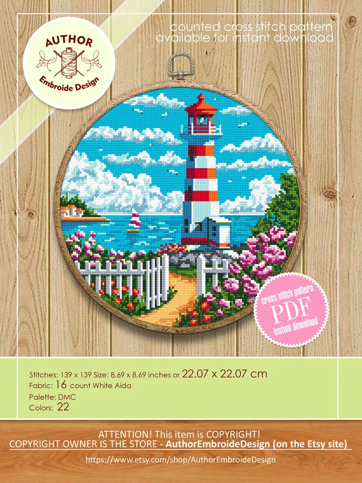 Lighthouse cross stitch pattern download PDF Nature landscape cross stitch chart Summer sea landscape pattern digital PDF Home decor #L46