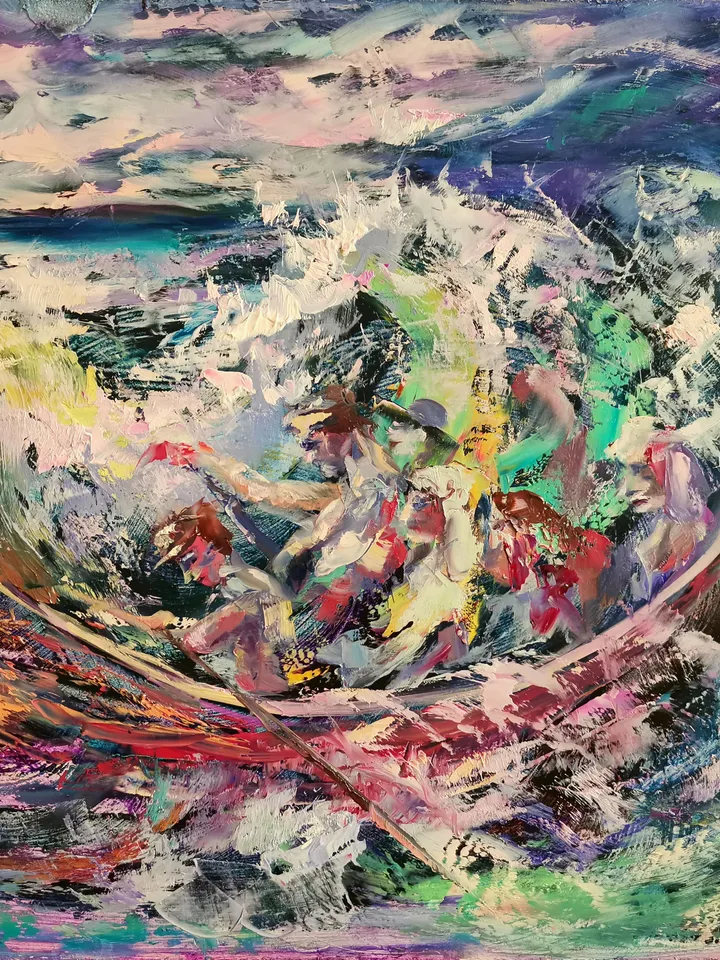 Original Art Oil Painting Boat People Sea Storm Ocean Sunset Artist Svinar Oksana