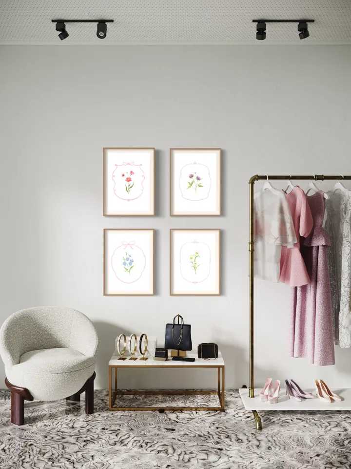 Set of 4 Pink Flowers Watercolor Painting, Vintage Botanical, Wildflower Wall Art, Colorful Floral, Blush Pink Floral, Trendy Artwork Print