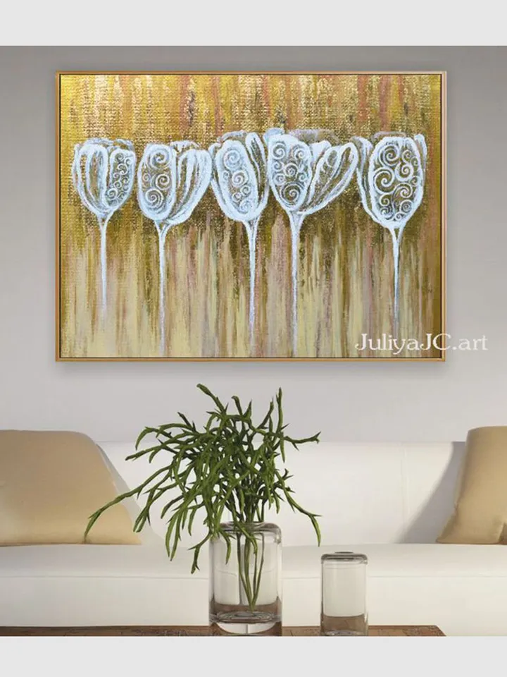 Gold and White Abstract Wall Art Floral Painting Tulips Original art White Flowers artwork by Juliya JC