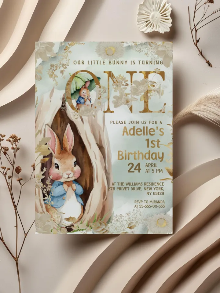 Editable and Printable invitation template for 1st Baby Birthday party in Peter Rabbit style instant download and unlimited access pr888