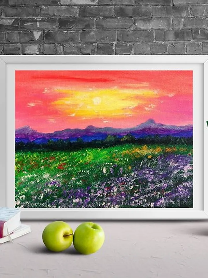 Landscape Original Acrylic Painting Image of mountains and wildflowers Small art