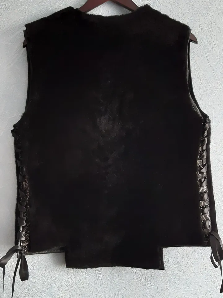 Vest Sleeveless of genuine fur sheepskin black color. Handmade Fall warm lacing waistcoat by Sofalee