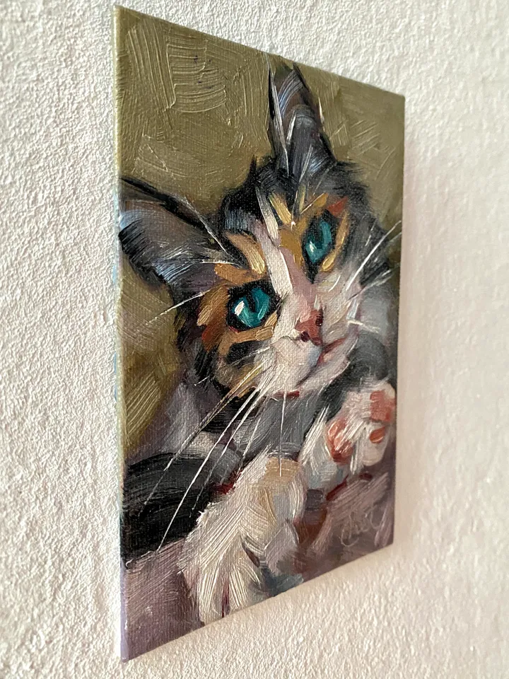 Cat oil painting original, Pet portrait artwork, Animal miniature wall art 4x6