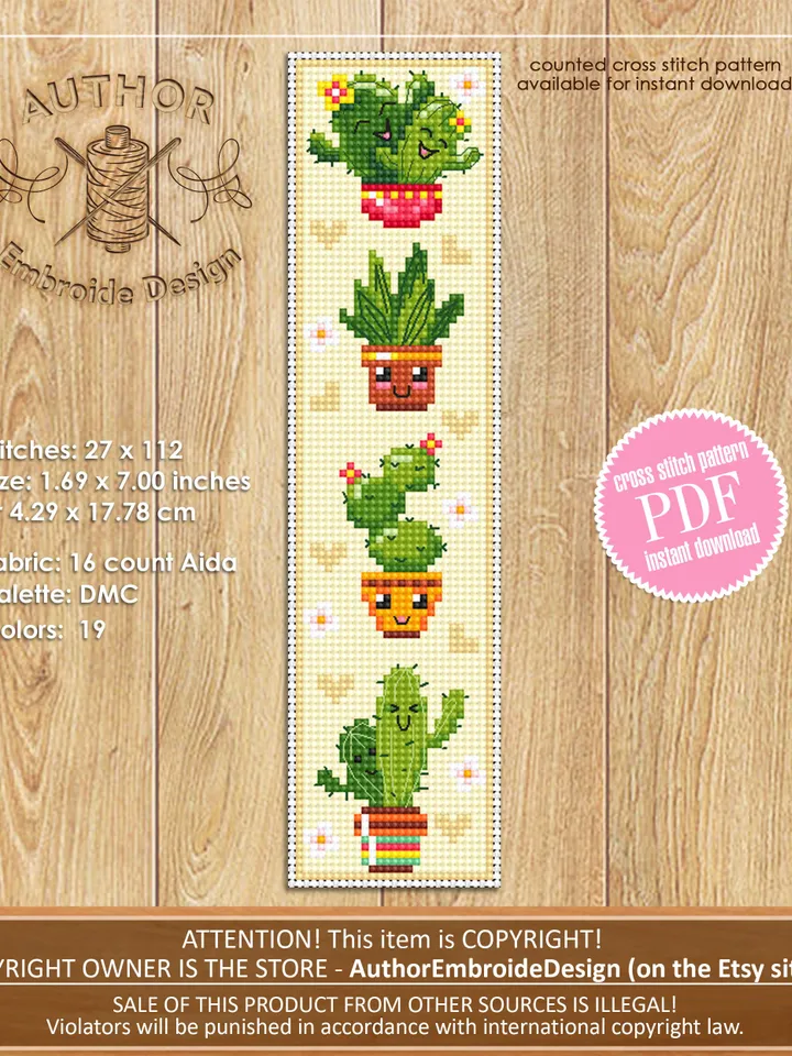 Cactus bookmark cross stitch pattern PDF download Kawaii cactus cross stitch chart, Floral bookmark pattern digital PDF, Potted plants #B340