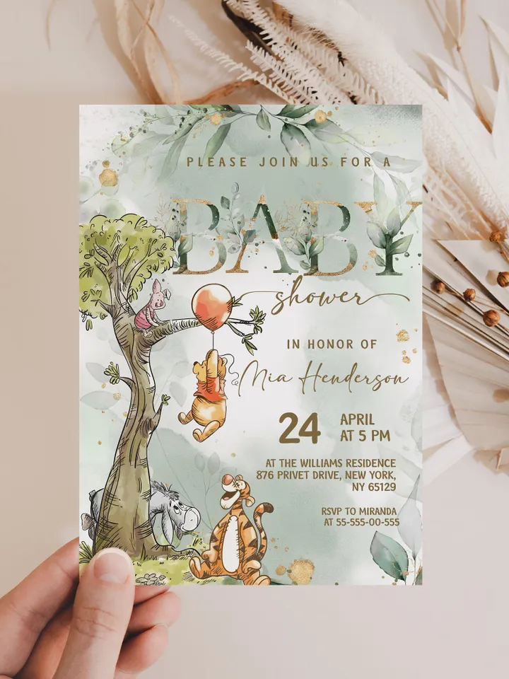 Classic Winnie Pooh Baby Shower Invitation; Neutral Baby Shower Template; Wizard Baby Shower Invite; Honey Bear Invite; Winnie Pooh pg123